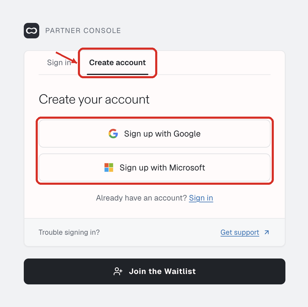 Create account tab. Sign up with Google and Sign up with Microsoft are marked.